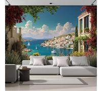 NAWVNMI Papier Peint Panoramique 3D, Grèce Îles - Autocollant Mural pour Salon Chambre À Coucher Couloir, Été Maison Poster Geant Murale 200 x 140cm