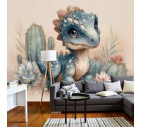 NAWVNMI Papier Peint Panoramique 3D Soie Petit Dinosaure Mignon, 350 x 256cm (L×H) Murales Panoramique Désert Cactus Pour Salon, Adulte Chambre D'Enfants, Restaurant Décoration, Bleu Vert