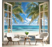 NAWVNMI Papier Peint Panoramique 3D Soie Vue Par La Fenêtre -450 x 315cm -Peinture Murale Plage Paysage Photo Poster Tableaux Muraux Salon Chambre Bureau Couloir Mural Décoration
