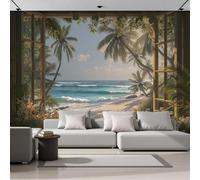 NAWVNMI Papier Peint Panoramique 3D, Vue Sur La Plage Par La Fenêtre - Autocollant Mural pour Salon Chambre À Coucher Couloir, Été Côte Poster Geant Murale 300 x 210cm