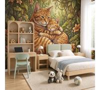 NAWVNMI Papier Peint Panoramique Chatte Des Forêts Soie 350 x 256cm Papier Peint Géant 3D Salon Chambre Salle à Manger Chambre Décoration Murale - Chatte Rousse Mère Et Chaton