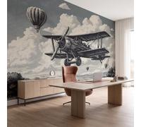 NAWVNMI Papier Peint Panoramique Estampes Gravées Sur Bois Soie 450 x 315cm Papier Peint Géant 3D Salon Chambre Salle à Manger Chambre Décoration Murale - Montgolfière Avion