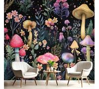 NAWVNMI Papier Peint Panoramique Mystérieux Forêt Soie, 450x315cm Papier Peint Champignons Fleurs Sauvages - Murales Tapisserie pour Salon, Adulte Chambre d'enfants, Étude Décoration