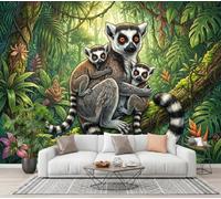 NAWVNMI Papier Peint Panoramique Rétro Animal Illustration Soie 350 x 256cm Papier Peint Géant 3D Salon Chambre Salle à Manger Chambre Décoration Murale - Famille De Lémuriens