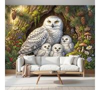 NAWVNMI Papier Peints Panoramique Hiboux Famille, Poster Geant Mural, Trous D'Arbres Champignons Fleurs Sauvages Pour Salon Chambre à Coucher Chambre D'Enfant Décoration Murale, (400 x 280cm)