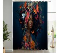 NAWVNMI Rideau de Douche Anti Moisissure Afro Femme 180 x 200 cm, Papillon Fleur Lavables Textile imperméable Rideau de Bain pour Baignoire avec 12 Crochets pour Baignoire