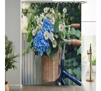 NAWVNMI Rideau de Douche Anti Moisissure Panier De Vélo 180 x 180 cm, Hortensia Marguerite Lavables Textile imperméable Rideau de Bain pour Baignoire avec 12 Crochets pour Baignoire