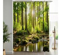 NAWVNMI Rideau de Douche Anti Moisissure Soleil Forêt Rideau Douche Tissu Imperméable Polyester 240 x 200 cm Buissons Rochers Rideaux de Douche Baignoire Lavable Machine - Jaune-Vert