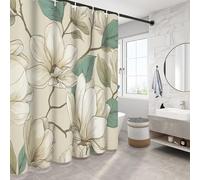 NAWVNMI Style Vintage Rideau de Douche Résistant à l'eau Anti-moisissure Magnolia Lavable Tissu en Polyester Rideaux de Salle de Bain avec 12 Crochets (Beige Clair Vert, 180 x 180 cm)