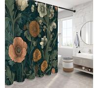 NAWVNMI Vintage Floral Rideau de Douche Résistant à l'eau Anti-moisissure Souci Feuille Lavable Tissu en Polyester Rideaux de Salle de Bain avec 12 Crochets (Bleu-Vert Foncé, 180 x 200 cm)