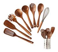 NAYAHOSE Ensemble d'ustensiles de cuisine en bois avec support, 9 cuillères en bois de teck pour spatule de cuisine avec baril de rangement en acier inoxydable