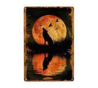 Naykow Plaque en métal avec motif loup hurlé pleine lune d'animaux féroces chasseurs - Décoration murale rustique pour maison, bars, clubs, cafés - 20,3 x 30,5 cm