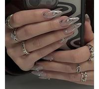 Nayyana 24 pcs Amande Presse Ongles Moyen Faux Ongles Argent Tourbillon Colle sur Ongles Strass Stiletto Acrylique Ongles avec Design Argent Vague D'eau Ongles Comprimés