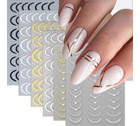 Nayyana 6 feuilles de stickers French Tip pour l'art des ongles, autocollants 3D or argent lignes de l'art des ongles designs de pointes d'ongles décalcomanies avec strass autocollants