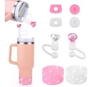 Nayyana Lot de 8 accessoires de tasse Stanley, y compris 2 embouts de paille diamant, 4 bouchons en silicone anti-fuite, 2 capuchons de protection en silicone scintillants, ensemble rose et blanc pour