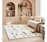 Nazar Tapis Berber Shaggy Multicolore, Franges, Motifs Losanges Géométriques, Lavable, Moelleux (160x230 cm, 3063 Crème)