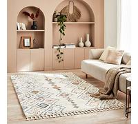 Nazar Tapis Berbere Salon, Tapis Berbere a Franges, Tapis Shaggy, Tapis Berbere Multicolore, Motifs Losanges géométriques, Lavable, Moelleux, Poils Longs, Tapis Berbere (200x290 cm, 3144 Crème)