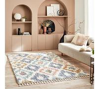 Nazar Tapis Berbere Salon, Tapis Berbere a Franges, Tapis Shaggy, Tapis Berbere Multicolore, Motifs Losanges géométriques, Lavable, Moelleux, Poils Longs, Tapis Berbere (120x170 cm, 3094 Pastel)