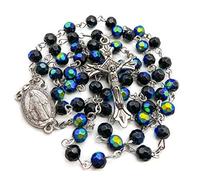 Nazareth Market Store Chapelet catholique avec perles de cristal d’un bleu profond, médaille miraculeuse et crucifix