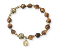 Nazareth Store Bracelet chapelet en perles de pierre de avec séparateurs en métal et médaille catholique - Bijou de poignet durable et élégant (Œil de tigre - Saint Benoît)
