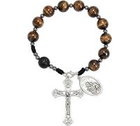 Nazareth Store Bracelet chapelet en perles de pierre de avec séparateurs en métal et médaille catholique - Bijou de poignet durable et élégant (Œil de tigre - Miraculeux)