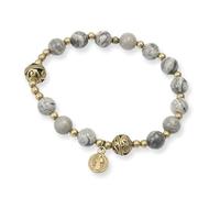 Nazareth Store Bracelet chapelet en perles de pierre de avec séparateurs en métal et médaille catholique - Bijou de poignet durable et élégant (Pierre de carte - Saint Benoît)
