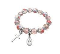 Nazareth Store Bracelet chapelet extensible en perles de cristal rose avec perles en céramique et crucifix et médaille miraculeuse, taille M, verre, sans pierre précieuse, Medium, Zinc Nickel Cristal