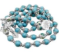 Nazareth Store Catholique Turquoise Marbre Perles Chapelet Fleurs Collier de Perles Médaille Miraculeuse Croix Crucifix Ton Argent Chapelets dans un Sac en Velours