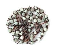 Nazareth Store Chapelet avec perles en pierre naturelle de 8 mm - Design cuivre antique - Médaille de terre sacrée et croix dans un sac en velours - Collection Terra Santa Jerusalem