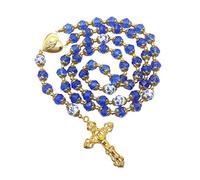 Nazareth Store Chapelet catholique bleu en perles de cristal doré avec pendentif en forme de cœur et croix - amulette religieuse pour femmes et hommes, Grand, Cristal, Pas de pierre précieuse