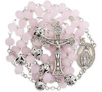 Nazareth Store Chapelet Collier de Prières Mystérieuses en Cristal et Alliage avec Médaille Miraculeuse et Croix Catholique (Jade rose)