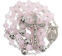 Nazareth Store Chapelet Collier de Prières Mystérieuses en Cristal et Alliage avec Médaille Miraculeuse et Croix Catholique (Jade rose)