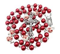 Nazareth Store Chapelet de perles blanches avec pendentif en forme de croix et médaille de Lourdes, 21", Verre, Pas de pierre précieuse