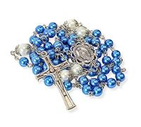 Nazareth Store Chapelet de perles blanches Notre Père Collier de perles Médaille de Lourdes et Croix Crucifix Dévotion spirituelle (Bleue)