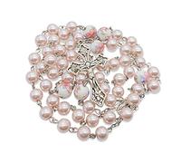 Nazareth Store Chapelet de perles bleues avec fleurs blanches, collier de perles, médaille de Lourdes et croix crucifix (Rose)