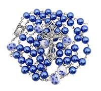 Nazareth Store Chapelet de perles bleues avec fleurs blanches, collier de perles, médaille de Lourdes et croix crucifix