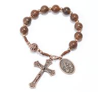 Nazareth Store Chapelet d'une décennie en perles de bois en Bronze Antique, miroir de voiture de poche fait à la main avec médaille de Sainte et croix de jésus