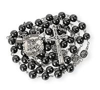 Nazareth Store Chapelet en hématite, collier de perles en pierre noire, projection de la médaille de prière de notre Père avec pièce maîtresse de Saint Michel et crucifix