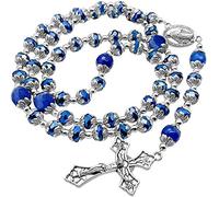 Nazareth Store Chapelet en perles bleues cristallisées de 8 mm avec véritables pierres d'agate, médaille miraculeuse et croix en argent, 52 cm, Zinc, Agate