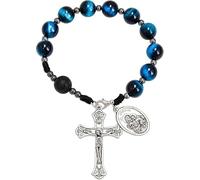 Nazareth Store Chapelet en perles d'oeil de tigre à une décennie, fait main, pour rétroviseur de voiture de poche avec médaillon de Saint Joseph et croix de Jésus en pierre volcanique argent antique