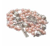 Nazareth Store Chapelet en verre perlé rose de 6 mm, perles mystère blanches et médaille miraculeuse | Comprend un sac en velours violet - Superbes perles de prière pour la dévotion spirituelle.