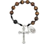 Nazareth Store Chapelet œil de tigre fait à la main pour voiture avec médaille de Saint Joseph et croix de Jésus en argent antique pierre volcanique