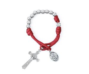 Nazareth Store Chapelet militaire olive en paracorde d'une décennie, perles en argent, chapelet de voiture de poche, priez pour nous, médaille Saint-Joseph et croix Saint-Benoît (Rouge)