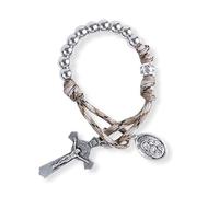 Nazareth Store Chapelet militaire solide en paracorde d'une décennie - Perles argentées - Chapelet de poche pour voiture - Médaille de Saint Joseph et croix de Saint Benoît, Small, Acier allié, Verre