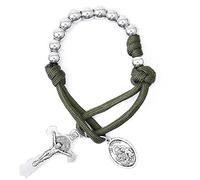 Nazareth Store Chapelet militaire solide en paracorde d'une décennie - Perles argentées - Chapelet de poche pour voiture - Médaille de Saint Joseph et croix de Saint Benoît