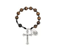 Nazareth Store Chapelet Perles Œil de Tigre Marron Une Décade Fait Main Médaille Saint Joseph Croix Argent Antique Compact Prière 20