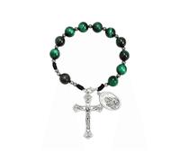 Nazareth Store Chapelet Perles Œil de Tigre Vert Une Décade Fait Main Médaille Saint Joseph Croix Argent Antique Compact Prière 20