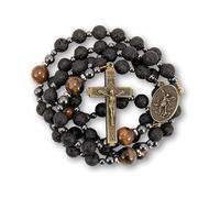 Nazareth Store Chapelet Perles Lava Noires pour Homme avec Médaille Saint Michel Croix et Perles Œil de Tigre Jaune Cadeau 50
