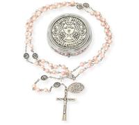 Nazareth Store Chapelet Perles Roses 6 mm Saint Michel Ange Gardien Centre Calice Crucifix Argenté Communion Coffret Métal IHS étui 51