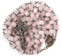 Nazareth Store Chapelet vintage en perles de pierre de quartz rose naturel, collier de 8 mm, médaille du sol sacré et croix crucifix, chapelets religieux Terra Santa Jérusalem